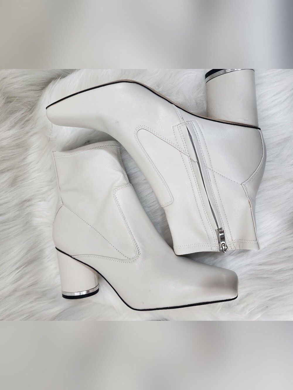 Franco Sarto Womens White Leather Ankle Boots with Block Heel, L-Pisabooty Sz 10
